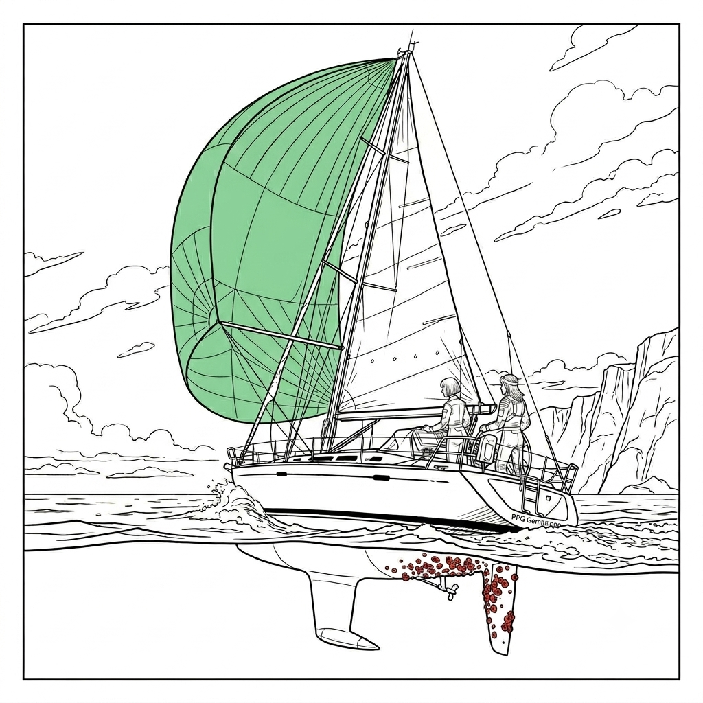 A sailing yacht under spinnaker, with barnacles on the hull below the waterline