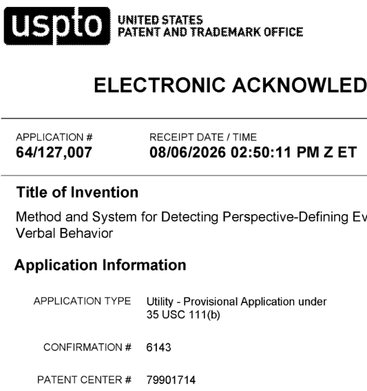 USPTO Electronic Acknowledgement Receipt for Application 64/127,007, filed 2026-08-06