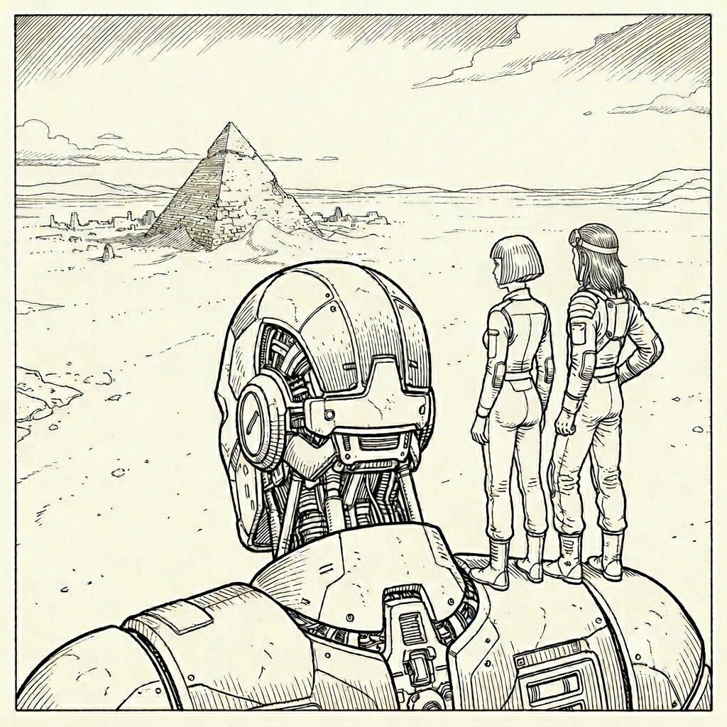 Two human operators on the shoulders of a giant android, all looking toward a distant horizon