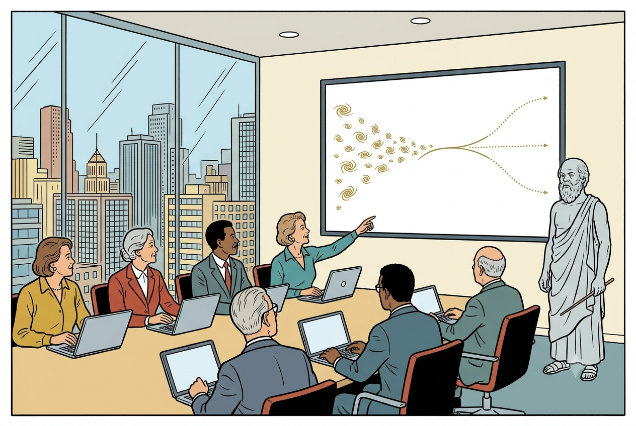 A full-size stone-gray Socrates presents to a diverse, attentive boardroom; on the screen behind him, a flock of tiny golden spirals condenses into one line that branches into three dotted paths, and one board member points decisively at one of them, in a ligne claire comic style.