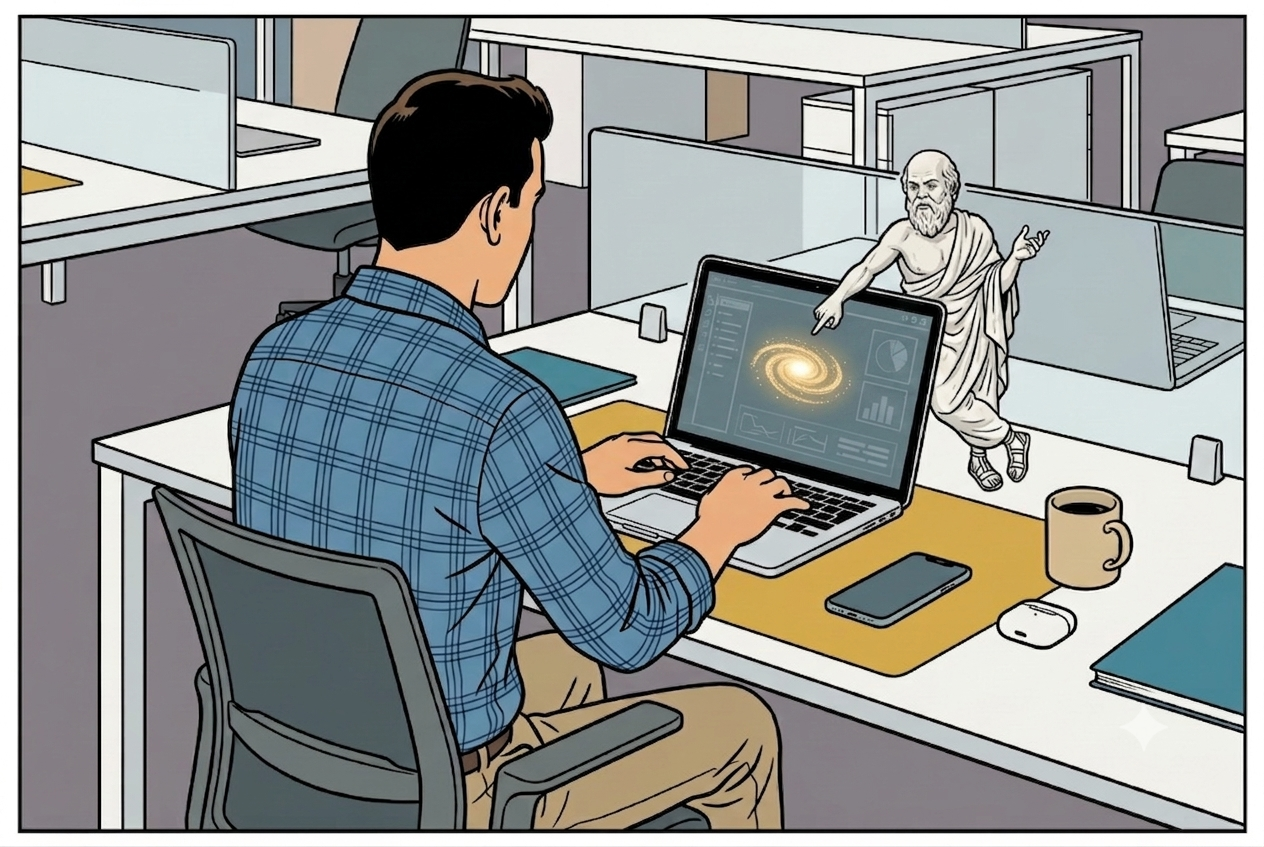 A miniature marble Socrates leans on the corner of a laptop while an office worker types, in a ligne claire comic style.