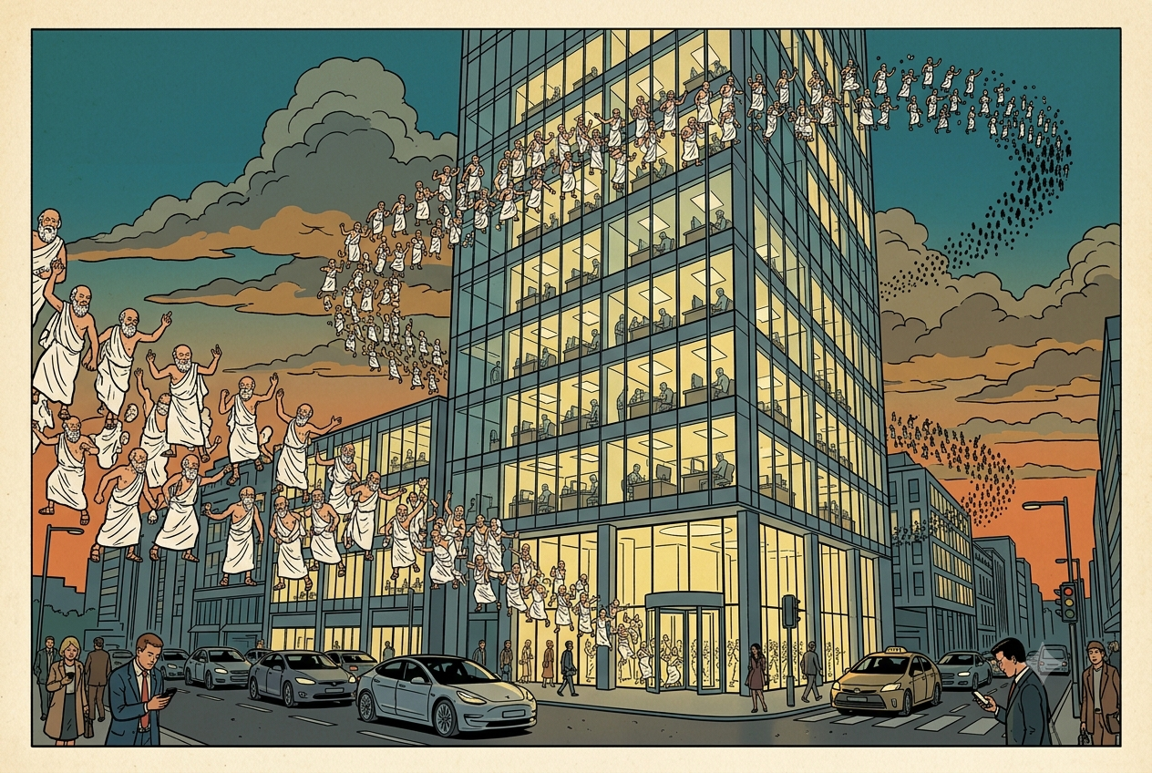 A swarm of hundreds of miniature marble Socrates figures spirals around a downtown office tower at dusk and streams in through its doors and windows, while pedestrians below stay absorbed in their phones, in a ligne claire comic style.
